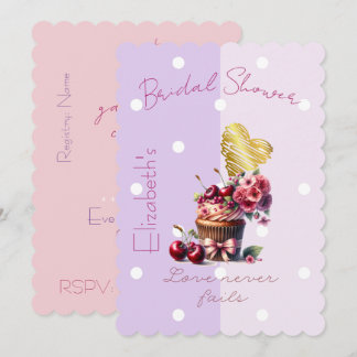 Invitation Joli Cupcake Floral au Coeur Pastel Cerise à l'Arc