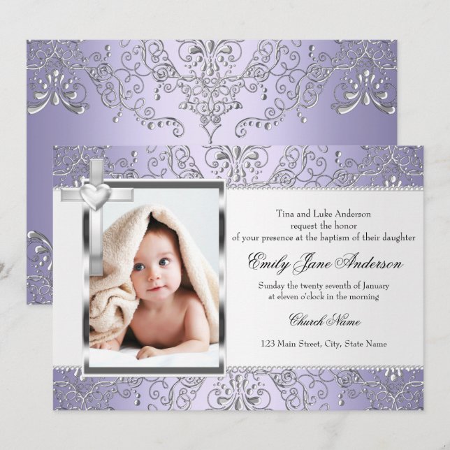 Invitation Joli Damask & Cross Purple Photo Baptism Invitatio (Devant / Derrière)