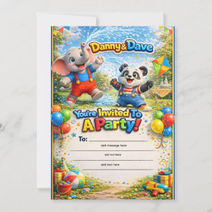 Invitation Joli Danny et Dave éléphant et panda enfants anniv