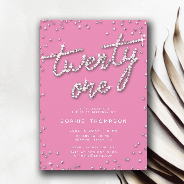 Invitation Joli dans les Rhinestones Roses Élégant 21e annive (pretty in pink rhinestones 21st birthday invite for girls elegant modern simple classy invitation)