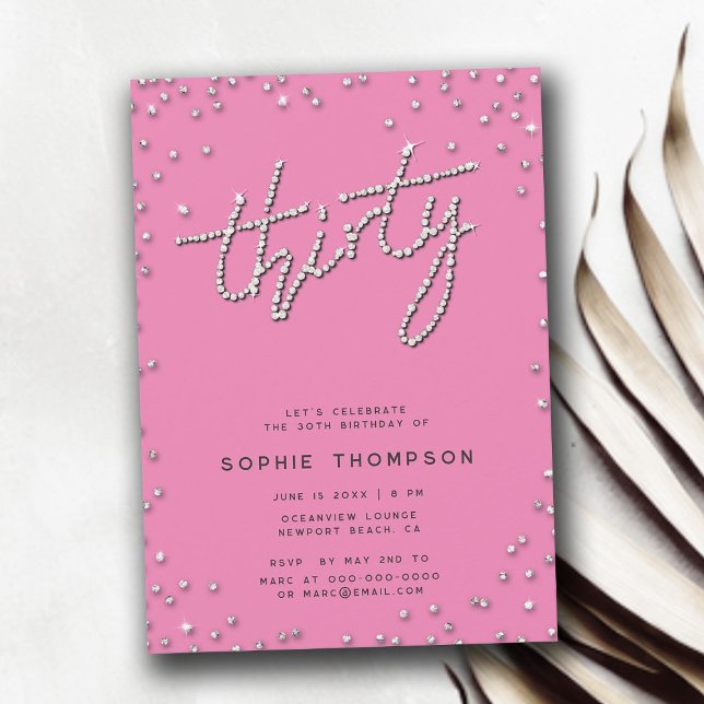 Invitation Joli dans les Rhinestones Roses Elégant 30e annive (pretty in pink rhinestones 30th birthday for women invitation elegant modern simple glitter feminine)