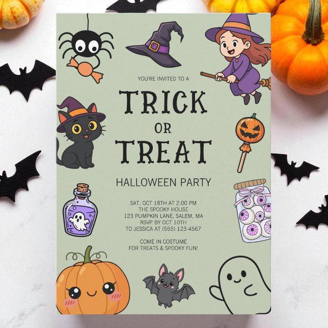 Invitation Joli déguisement vert pour Halloween fête trick or (Cute Green Trick or Treat Halloween Costume Party Invitation)