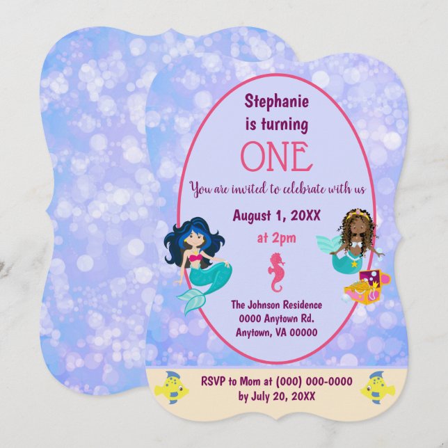 Invitation Joli design de bokeh de sirène pour un premier ann (Devant / Derrière)