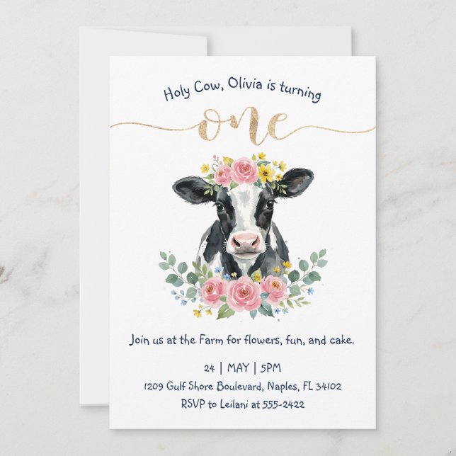 Invitation Joli design de vache florale pour le premier anniv (Devant)