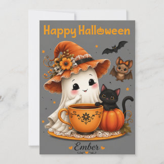 Invitation Joli design d'Halloween avec fantôme et chat noir