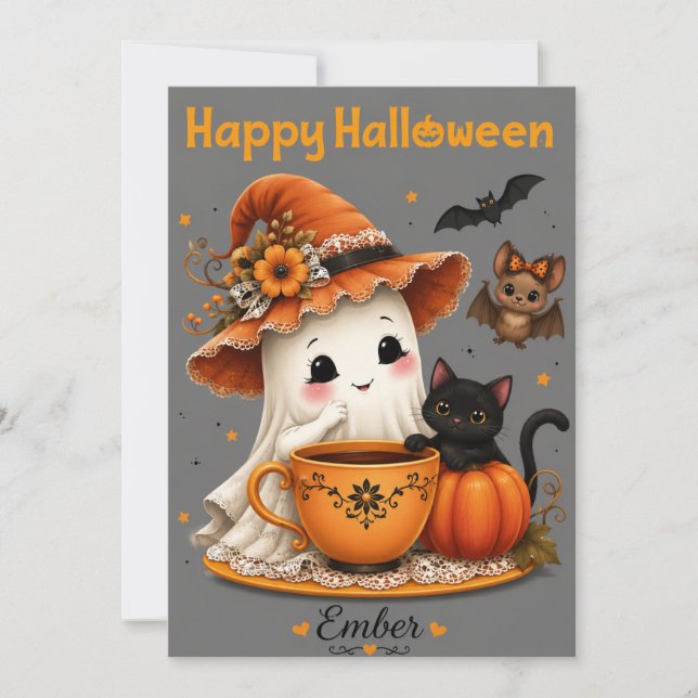 Invitation Joli design d'Halloween avec fantôme et chat noir  (Devant)