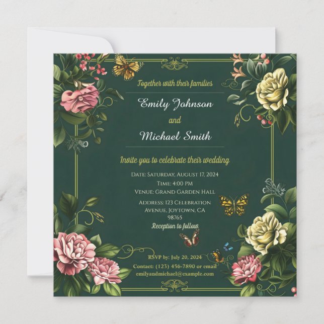 Invitation Joli design mariage fleuri et papillon vert (Devant)