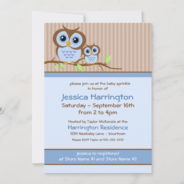 Invitation Joli dessin Chouette Bleue Baby Sprinkle Invitatio (Devant)