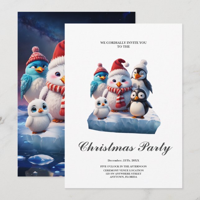 Invitation Joli dessin de style pingouins amis. (Devant / Derrière)