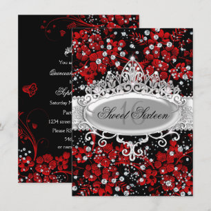 Invitation Joli Diadème & Fleurs Étincelantes Sweet 16 Rouge