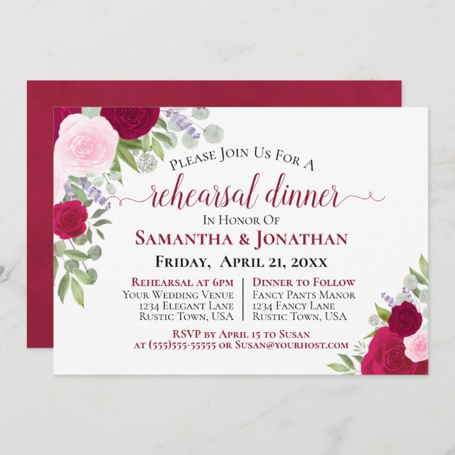 Invitation Joli Dîner de répétition Mariage de roses rose Mag (Devant / Derrière)