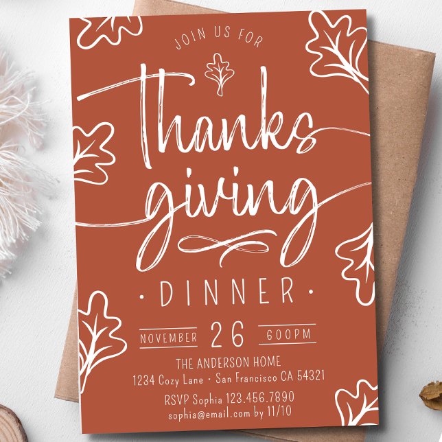 Invitation Joli dîner de Thanksgiving rustique Script Feuille (Créateur téléchargé)