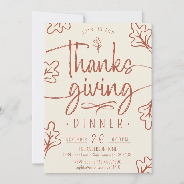 Invitation Joli dîner de Thanksgiving rustique Script Feuille (Devant)