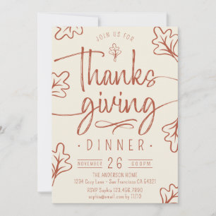 Invitation Joli dîner de Thanksgiving rustique Script Feuille
