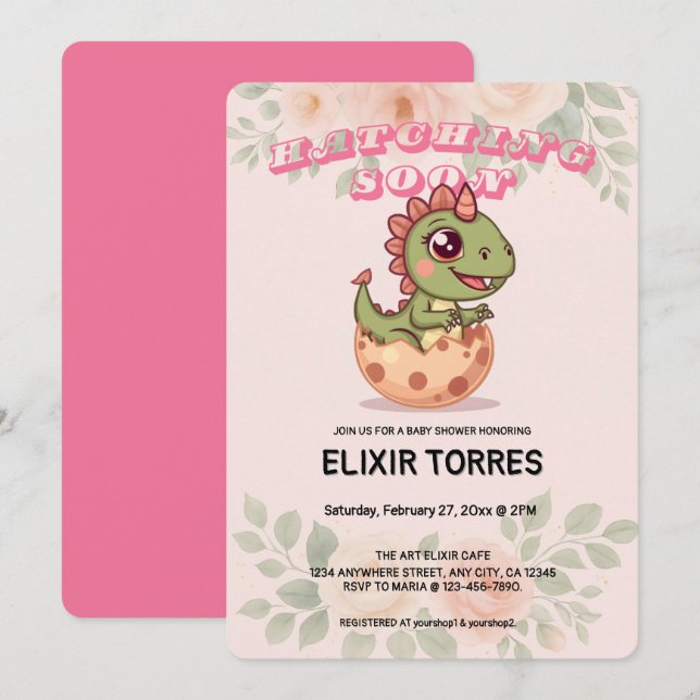 Invitation Joli Dino Rose Qui Éclot Bientôt (Devant / Derrière)