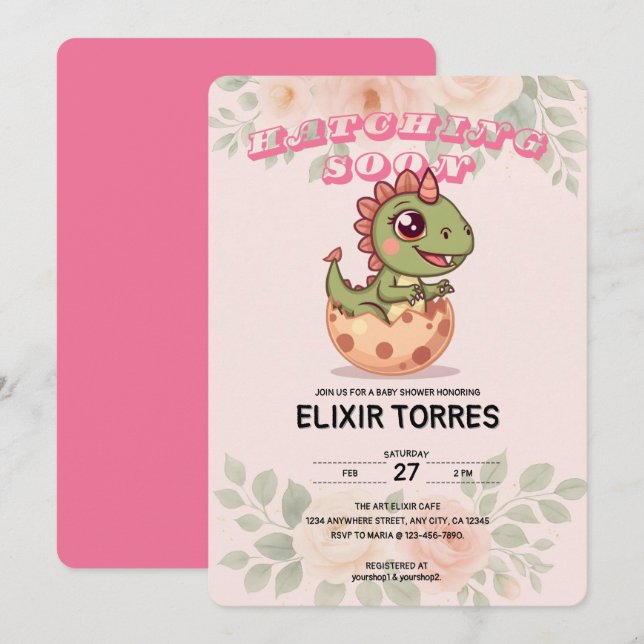 Invitation Joli Dino Rose Qui Éclot Bientôt (Devant / Derrière)