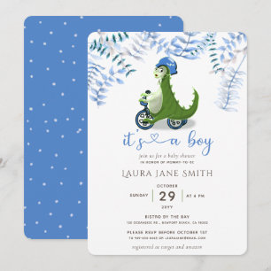 Invitation Joli Dinosaur Vert Bleu Trike Baby shower garçon