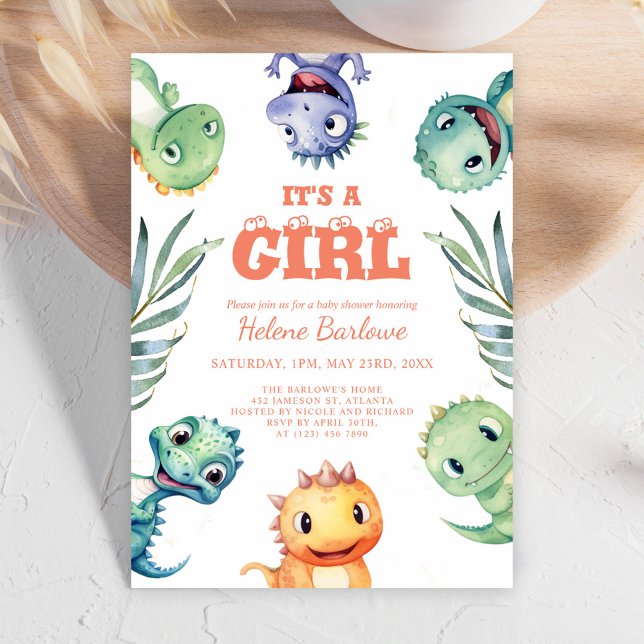 Invitation Joli Dinosaure C'est une Fille Baby Shower (Cute Dinosaur It's A Girl Baby Shower Invitation)
