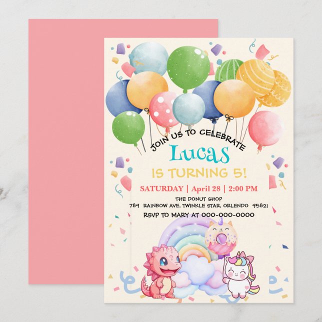 Invitation Joli dinosaure licorne arc-en-ciel donut ballon mo (Devant / Derrière)