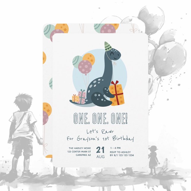 Invitation Joli Dinosaure Rawr Bleu 1er Anniversaire (Créateur téléchargé)