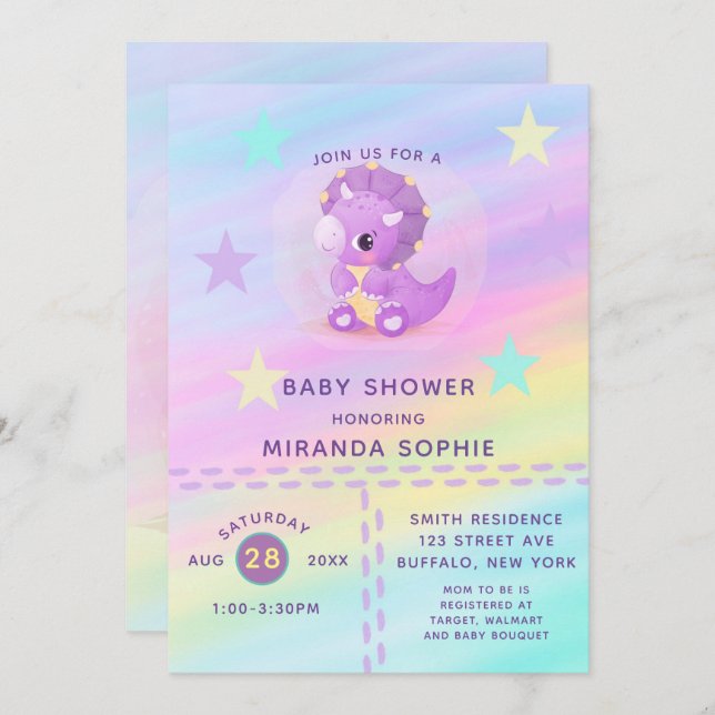 Invitation Joli Dinosaure violet Arc-en-ciel Baby shower Invi (Devant / Derrière)