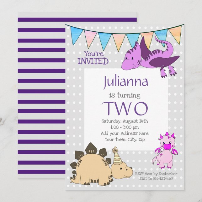 Invitation Joli Dinosaure violet fête d'anniversaire (Devant / Derrière)