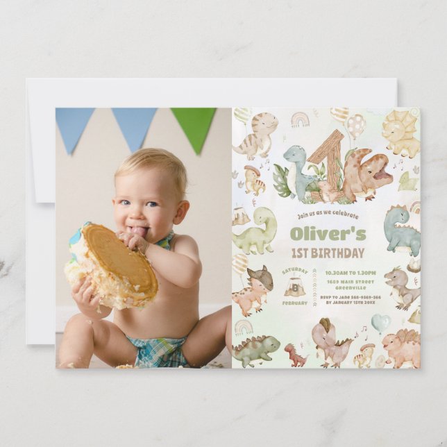 Invitation Joli Dinosaures 1er premier anniversaire Photo (Devant)