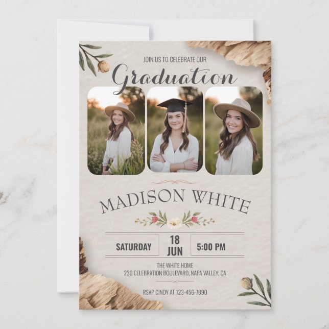 Invitation Joli do-it-yourself Floral Rustic Graduation Style (Devant)