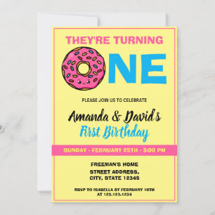Invitation Joli Donut Kawaii Jaune Joint Twin 1er Anniversair