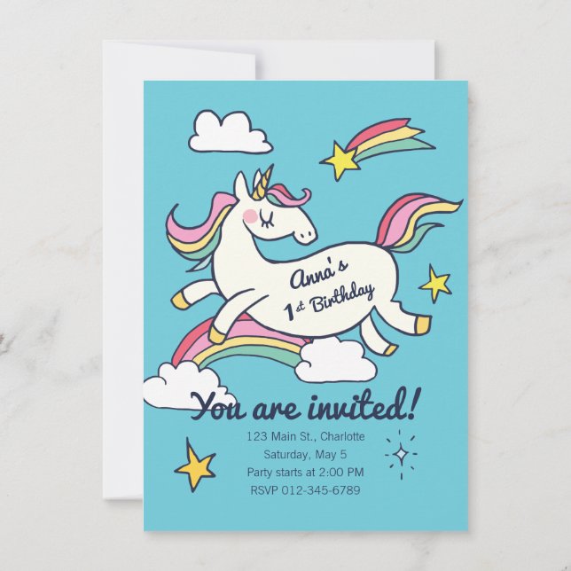 Invitation Joli Doodle d'anniversaire Rainbow Unicorn et Star (Dos)