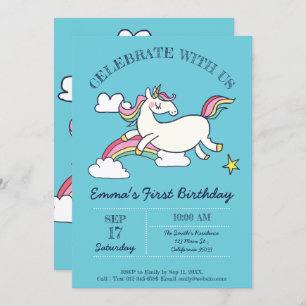 Invitation Joli Doodle d'anniversaire Rainbow Unicorn et Star