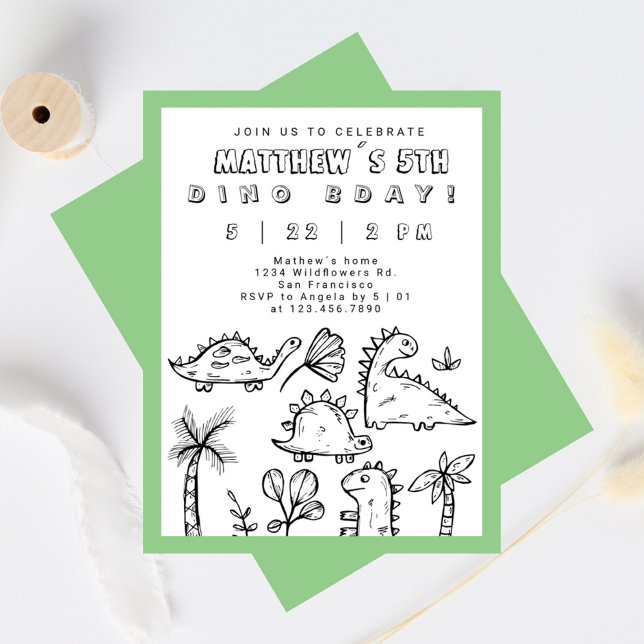 Invitation Joli Doodles Sage Green Dino Party Anniversaire de (Cute Dino Doodles Sage Green Dino Party Kid´s Birthday Invitation)