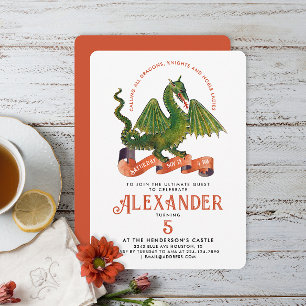 Invitation Joli Dragon Orange Vert Médiéval Typo Anniversaire