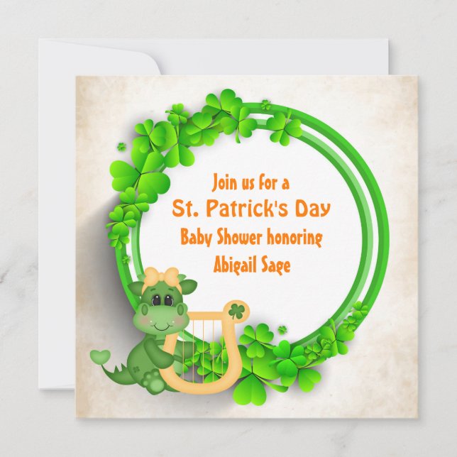 Invitation Joli Dragon St Patrick's Day Girls Baby shower (Devant)