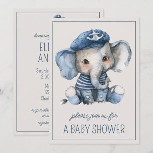 Invitation Joli éléphant bébé bleu nautique personnalisé