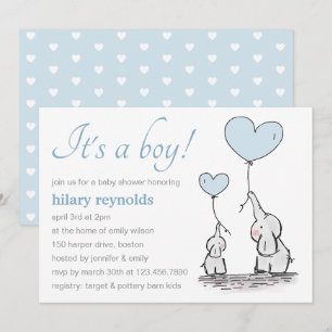 Invitation Joli Eléphant Bleu Coeur Ballons Baby shower garço