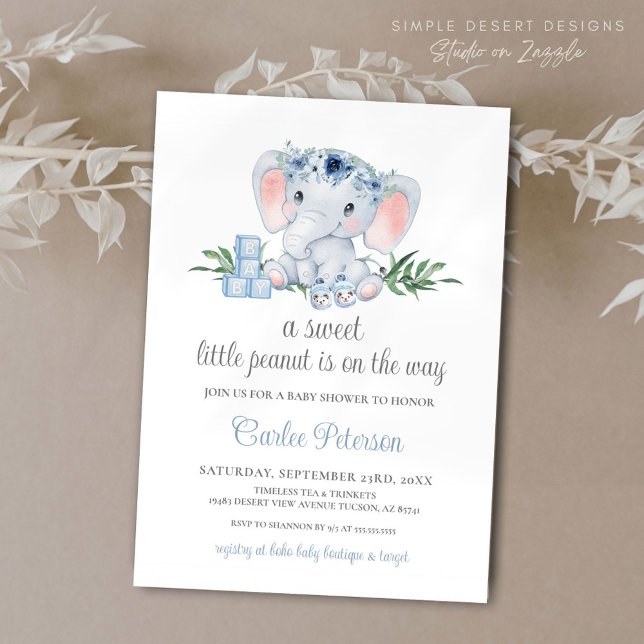Invitation Joli éléphant Blue Floral Boy Baby shower (Cute Elephant Baby Shower Invitation with Blue Floral and Greenery, Calligraphy Script)