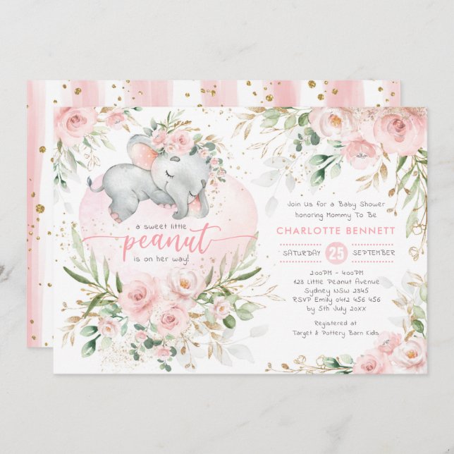 Invitation Joli Eléphant Blush Pink Gold Baby shower Floral (Devant / Derrière)