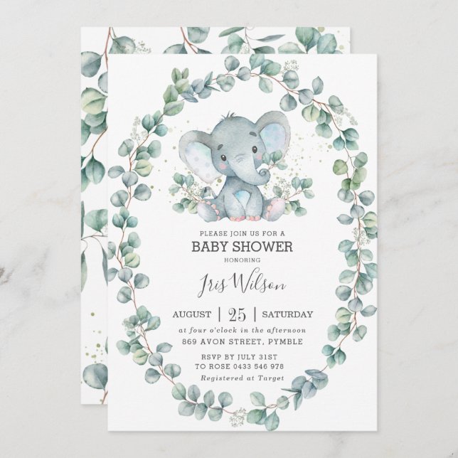 Invitation Joli éléphant Eucalyptus Baby shower vert garçon (Devant / Derrière)