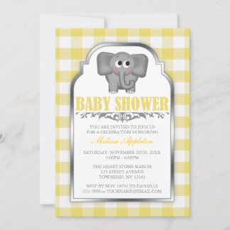 Invitation Joli Eléphant Jaune En vichy Baby shower