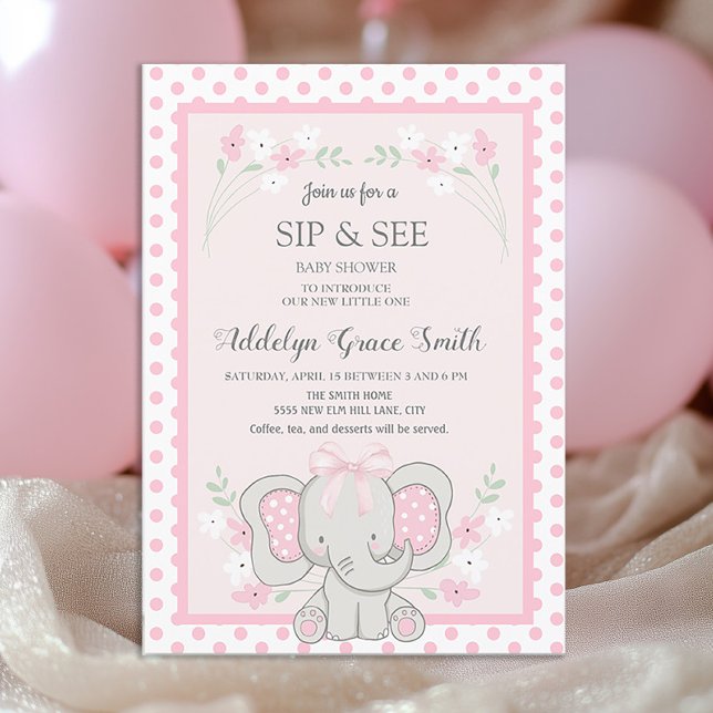 Invitation Joli éléphant rose points fleurs Sip See Bébé (Cute pink elephant baby girl baby shower invitation)