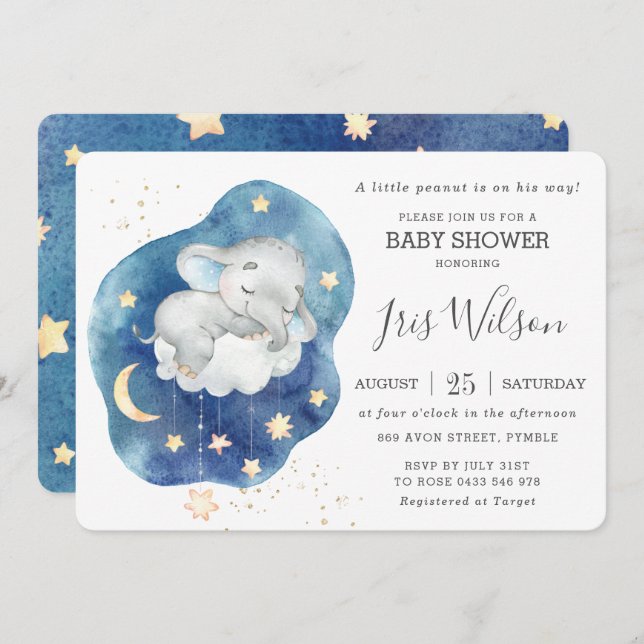 Invitation Joli Eléphant Sleepy Twinkle Star Baby shower garç (Devant / Derrière)