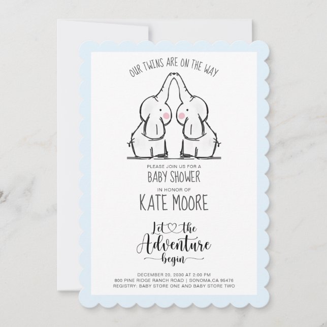 Invitation Joli Eléphant Twins Baby shower Blue Baby Boy (Devant)