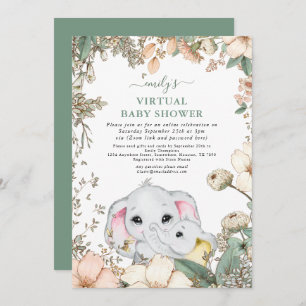 Invitation Joli Eléphants Foliage Sage Baby shower virtuel