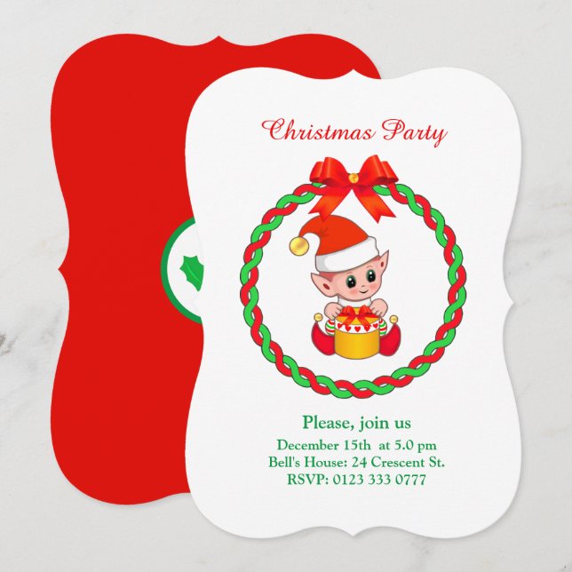 Invitation Joli elfe de Noël sur fond blanc, vert et rouge (Devant / Derrière)
