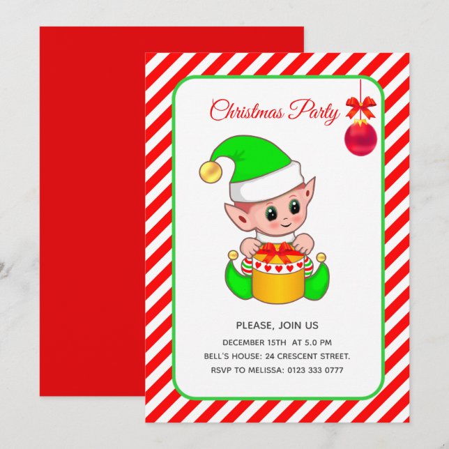 Invitation Joli Elfe sur Noël Rouge et Blanc (Devant / Derrière)