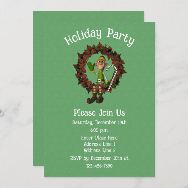 Invitation Joli Elfe sur Poinsettia Wreath Noël (Devant / Derrière)