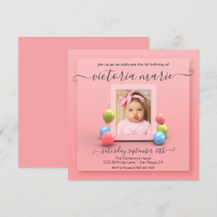 Invitation Joli en rose 1er anniversaire photo ballon