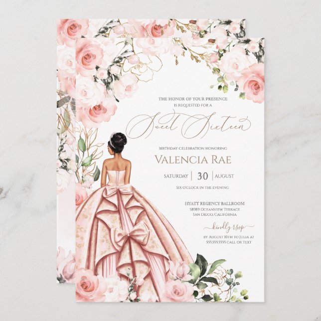 Invitation Joli en rose Blush Gown Rose Sweet 16 Anniversaire (Devant / Derrière)