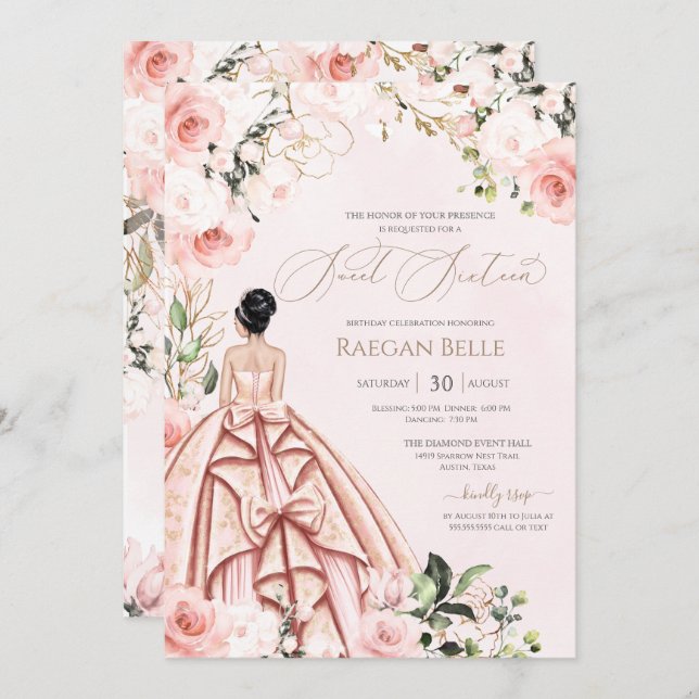Invitation Joli en rose Blush Rose doux 16 Anniversaire (Devant / Derrière)